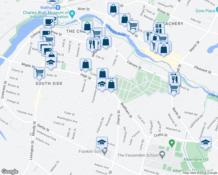 map of restaurants, bars, coffee shops, grocery stores, and more near 88 Cedar Street in Waltham