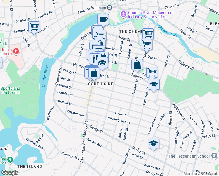 map of restaurants, bars, coffee shops, grocery stores, and more near 65 Myrtle Street in Waltham