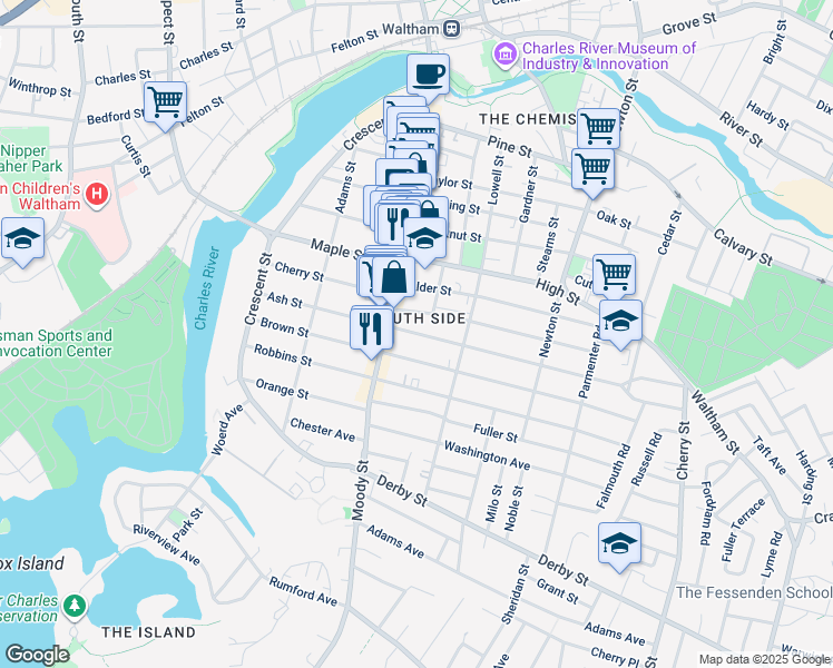 map of restaurants, bars, coffee shops, grocery stores, and more near 33 Myrtle Street in Waltham