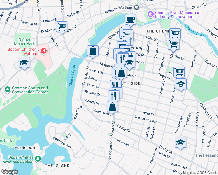 map of restaurants, bars, coffee shops, grocery stores, and more near 77 Ash Street in Waltham
