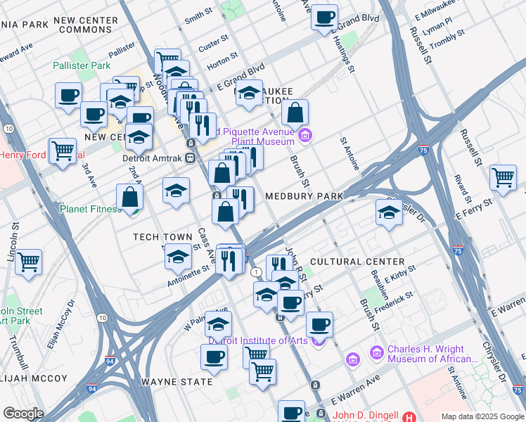 map of restaurants, bars, coffee shops, grocery stores, and more near 79 Harper Avenue in Detroit