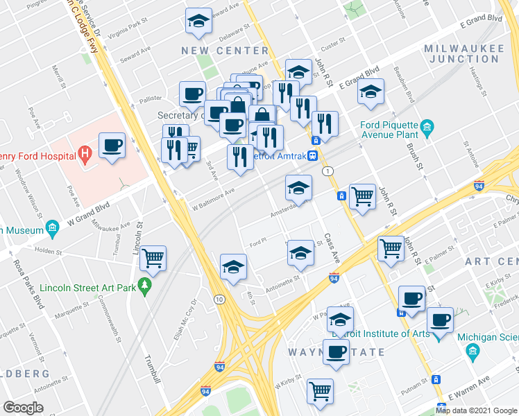 map of restaurants, bars, coffee shops, grocery stores, and more near 6251 2nd Avenue in Detroit