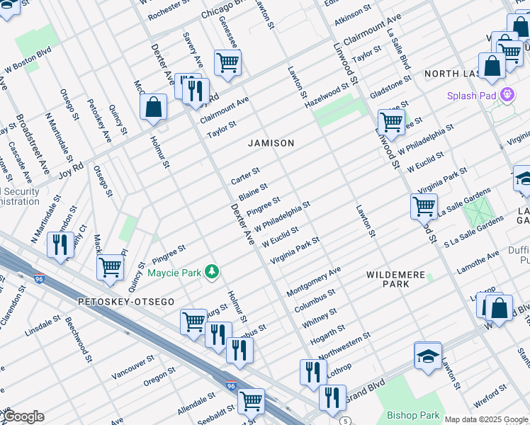 map of restaurants, bars, coffee shops, grocery stores, and more near 3324 Pingree Street in Detroit