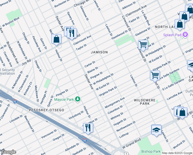 map of restaurants, bars, coffee shops, grocery stores, and more near 3324 Pingree Street in Detroit