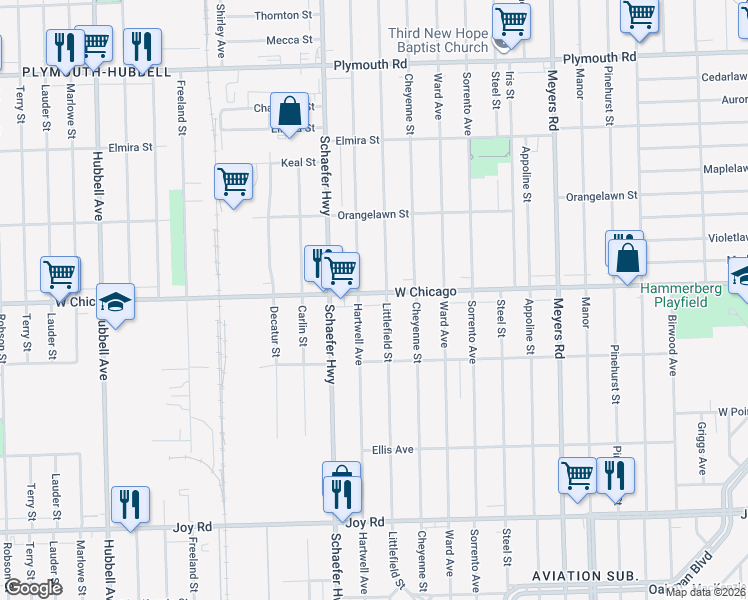 map of restaurants, bars, coffee shops, grocery stores, and more near 13344 West Chicago in Detroit