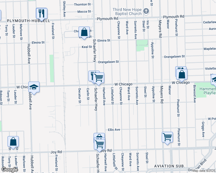 map of restaurants, bars, coffee shops, grocery stores, and more near 13344 West Chicago in Detroit