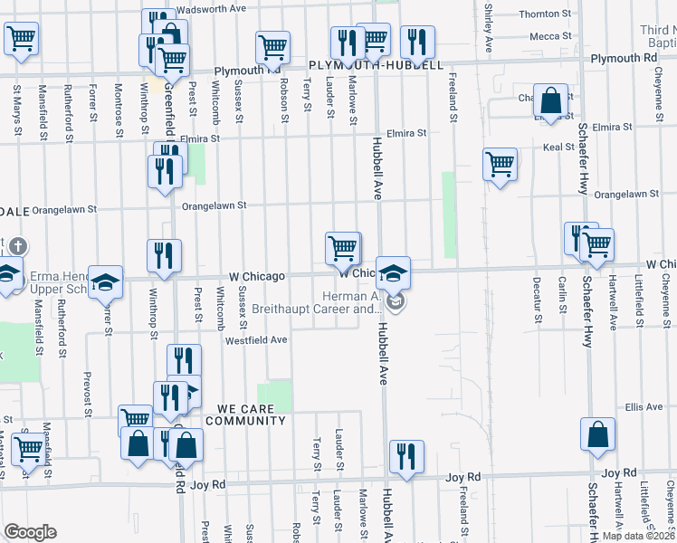 map of restaurants, bars, coffee shops, grocery stores, and more near 9529 Lauder Street in Detroit