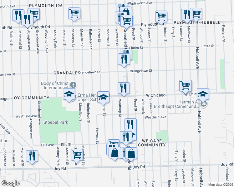 map of restaurants, bars, coffee shops, grocery stores, and more near 9543 Winthrop Street in Detroit