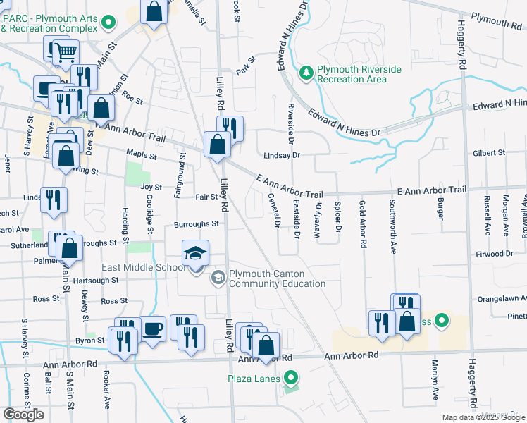 map of restaurants, bars, coffee shops, grocery stores, and more near 11455 General Drive in Plymouth
