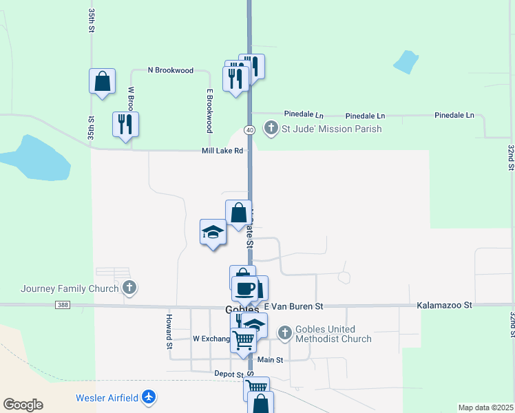 map of restaurants, bars, coffee shops, grocery stores, and more near 414 North State Street in Gobles