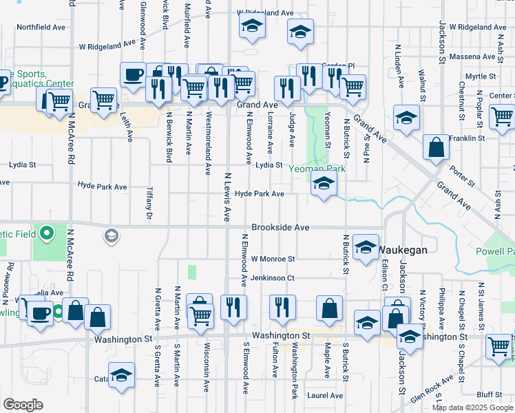 map of restaurants, bars, coffee shops, grocery stores, and more near 1719 Hyde Park Avenue in Waukegan