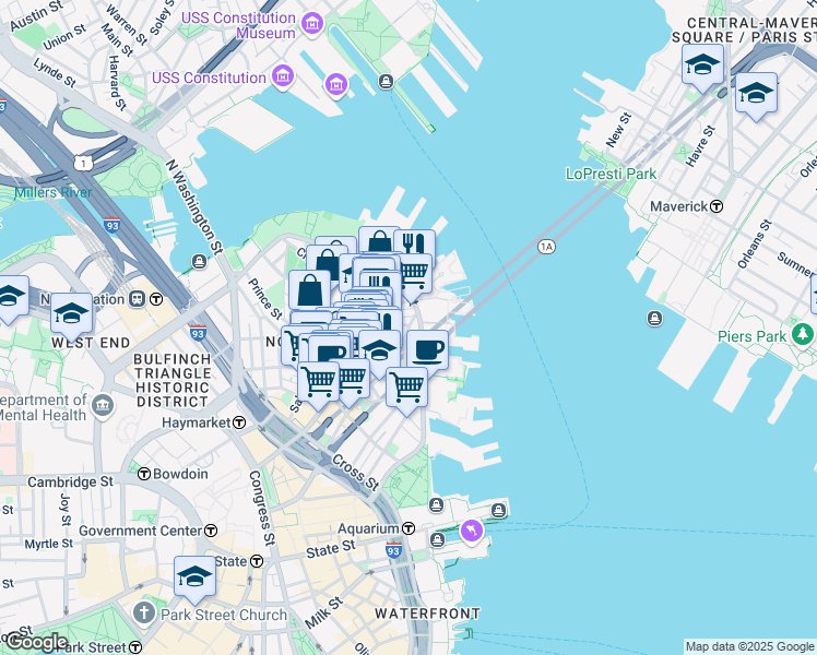 map of restaurants, bars, coffee shops, grocery stores, and more near 7 Powers Court in Boston