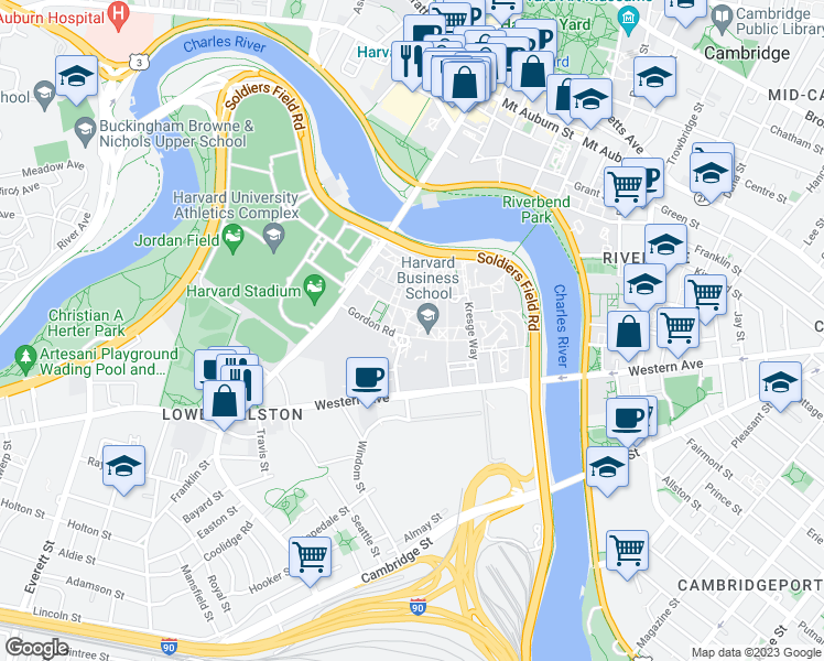map of restaurants, bars, coffee shops, grocery stores, and more near 33 Harvard Way in Boston