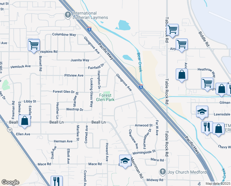 map of restaurants, bars, coffee shops, grocery stores, and more near 1114 Paisley Court in Central Point