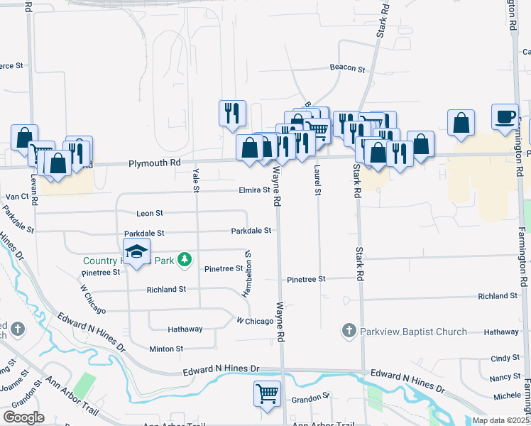 map of restaurants, bars, coffee shops, grocery stores, and more near 35166 Leon Street in Livonia