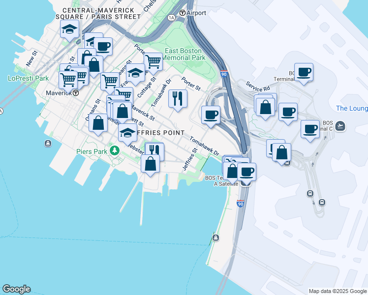 map of restaurants, bars, coffee shops, grocery stores, and more near 375 Maverick Street in Boston