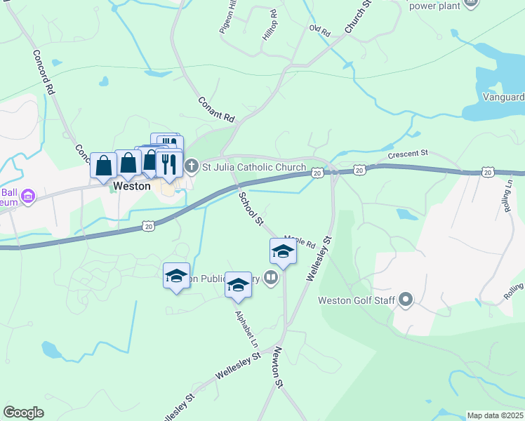 map of restaurants, bars, coffee shops, grocery stores, and more near 44 School Street in Weston