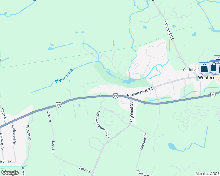 map of restaurants, bars, coffee shops, grocery stores, and more near 725 Boston Post Road in Weston