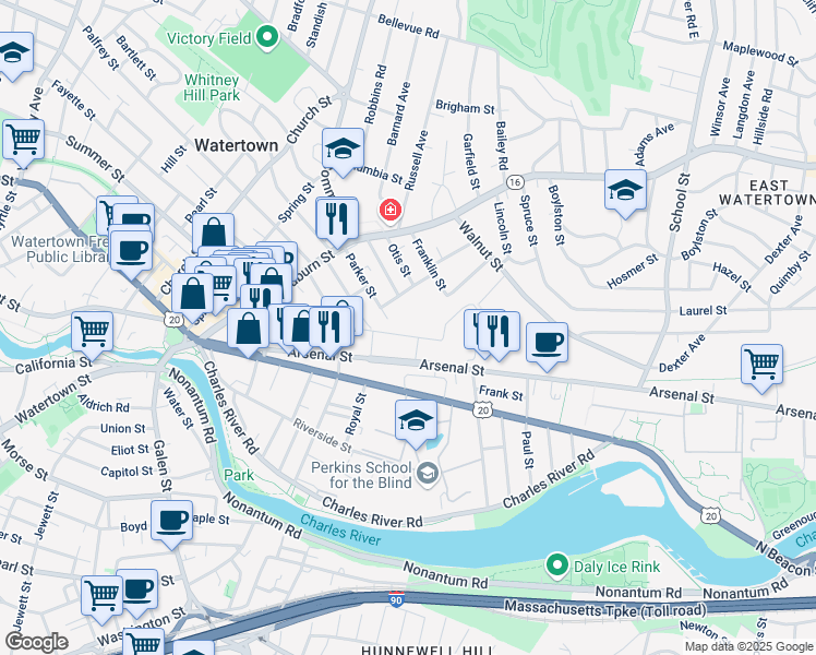 map of restaurants, bars, coffee shops, grocery stores, and more near 44 Washburn Street in Watertown