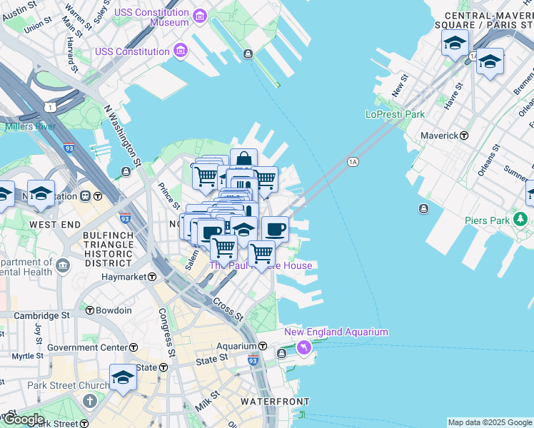 map of restaurants, bars, coffee shops, grocery stores, and more near 342 Commercial Street in Boston