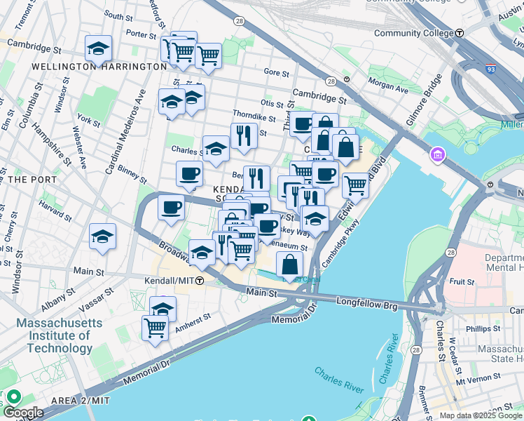 map of restaurants, bars, coffee shops, grocery stores, and more near 125 Binney Street in Cambridge