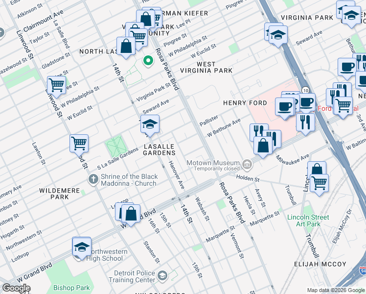 map of restaurants, bars, coffee shops, grocery stores, and more near 7536 Dunedin Street in Detroit