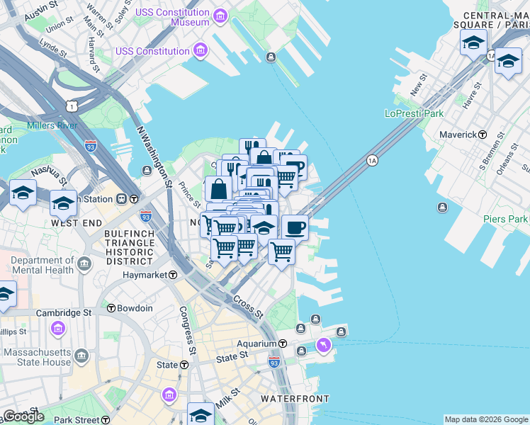 map of restaurants, bars, coffee shops, grocery stores, and more near in Boston
