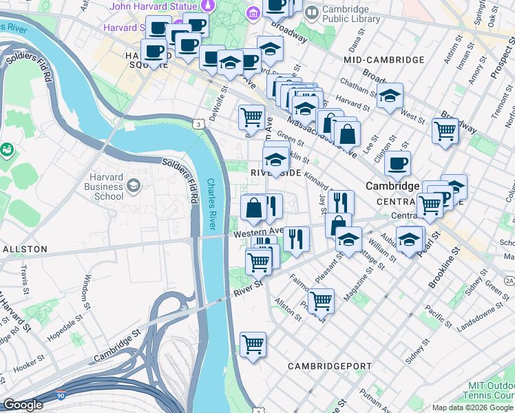 map of restaurants, bars, coffee shops, grocery stores, and more near in Cambridge