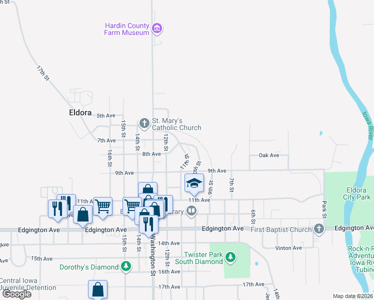 map of restaurants, bars, coffee shops, grocery stores, and more near 702 10th Street in Eldora