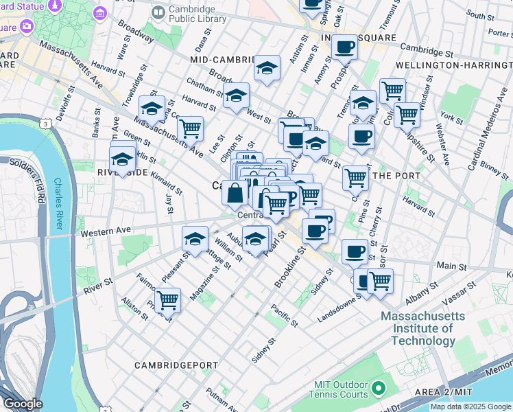 map of restaurants, bars, coffee shops, grocery stores, and more near in Cambridge