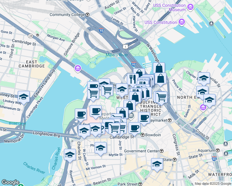 map of restaurants, bars, coffee shops, grocery stores, and more near 65 Martha Road in Boston