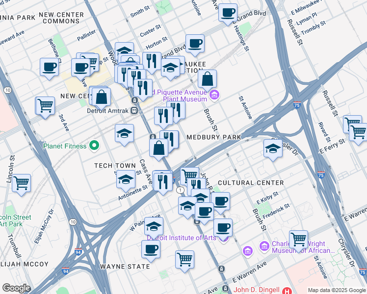 map of restaurants, bars, coffee shops, grocery stores, and more near 120 Harper Avenue in Detroit