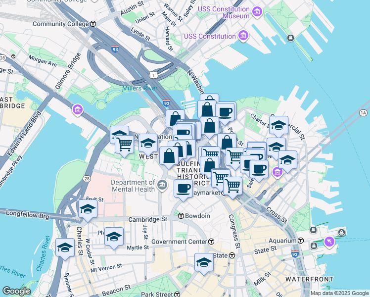 map of restaurants, bars, coffee shops, grocery stores, and more near 50 Causeway Street in Boston