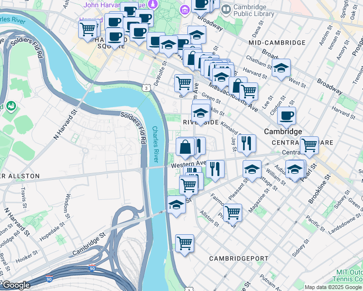 map of restaurants, bars, coffee shops, grocery stores, and more near 31 Peabody Terrace in Cambridge