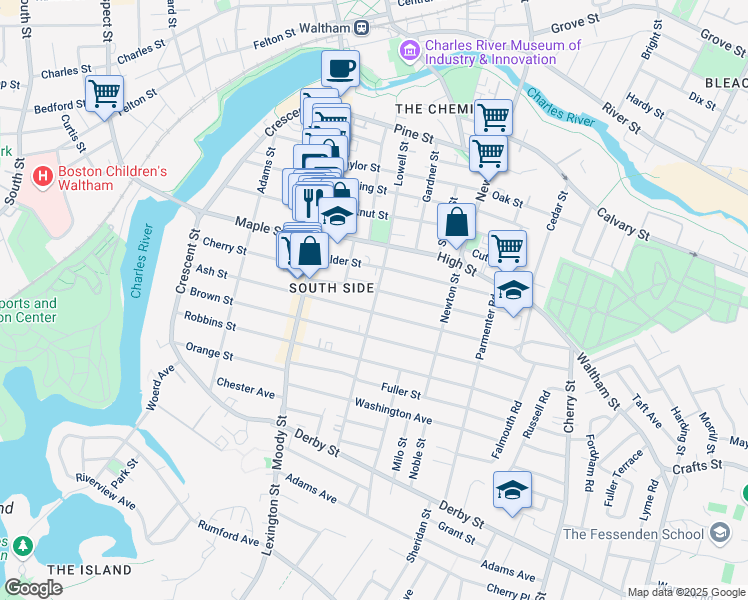 map of restaurants, bars, coffee shops, grocery stores, and more near 141 Lowell Street in Waltham