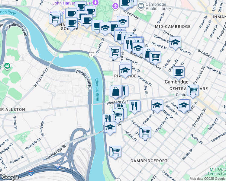 map of restaurants, bars, coffee shops, grocery stores, and more near 222 Banks Street in Cambridge