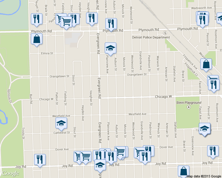 map of restaurants, bars, coffee shops, grocery stores, and more near 9560 Plainview Avenue in Detroit