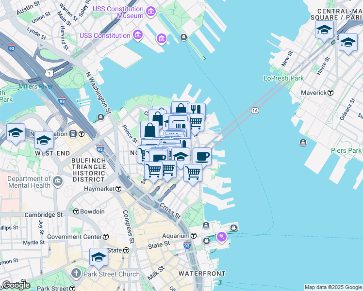 map of restaurants, bars, coffee shops, grocery stores, and more near 7 Powers Court in Boston