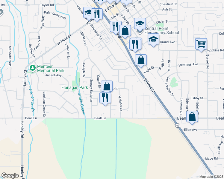 map of restaurants, bars, coffee shops, grocery stores, and more near 1595 Timothy Street in Central Point