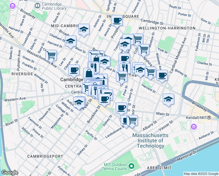 map of restaurants, bars, coffee shops, grocery stores, and more near 385 Washington Street in Cambridge