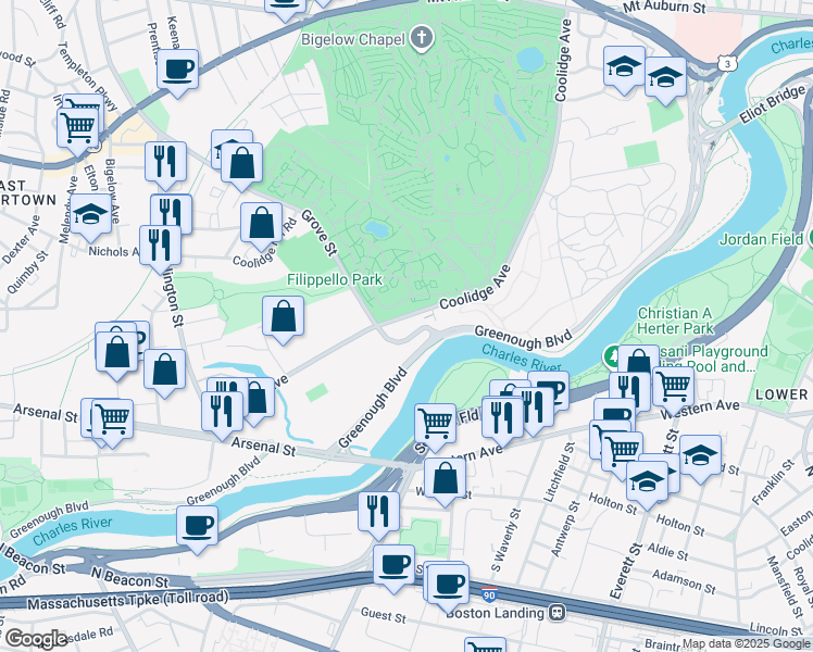 map of restaurants, bars, coffee shops, grocery stores, and more near 199 Coolidge Avenue in Watertown