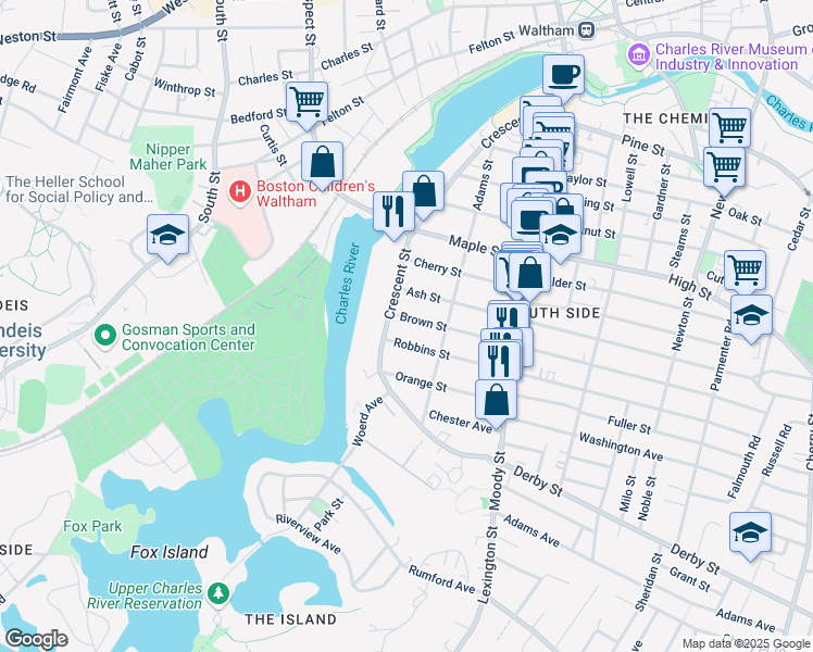 map of restaurants, bars, coffee shops, grocery stores, and more near 12 Brown Street in Waltham