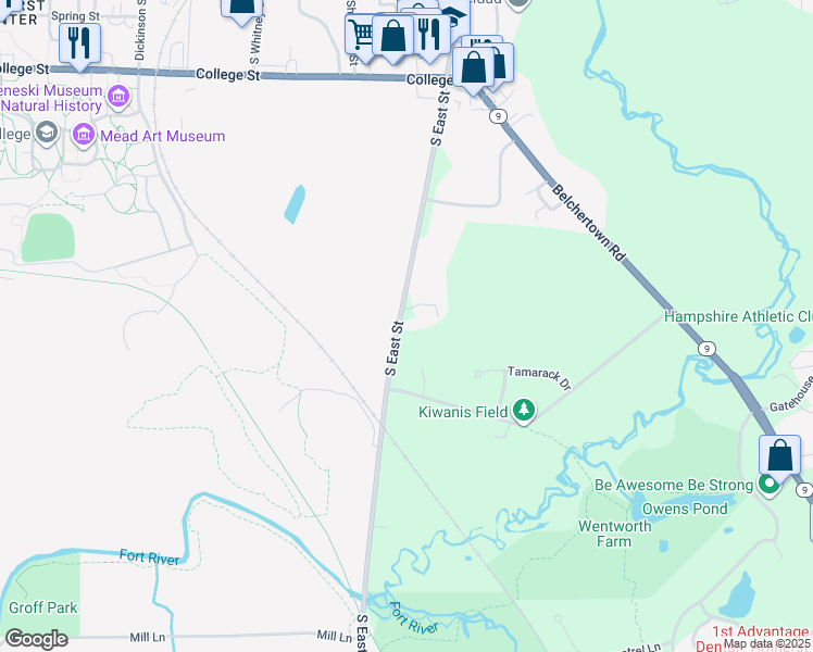 map of restaurants, bars, coffee shops, grocery stores, and more near 320 South East Street in Amherst