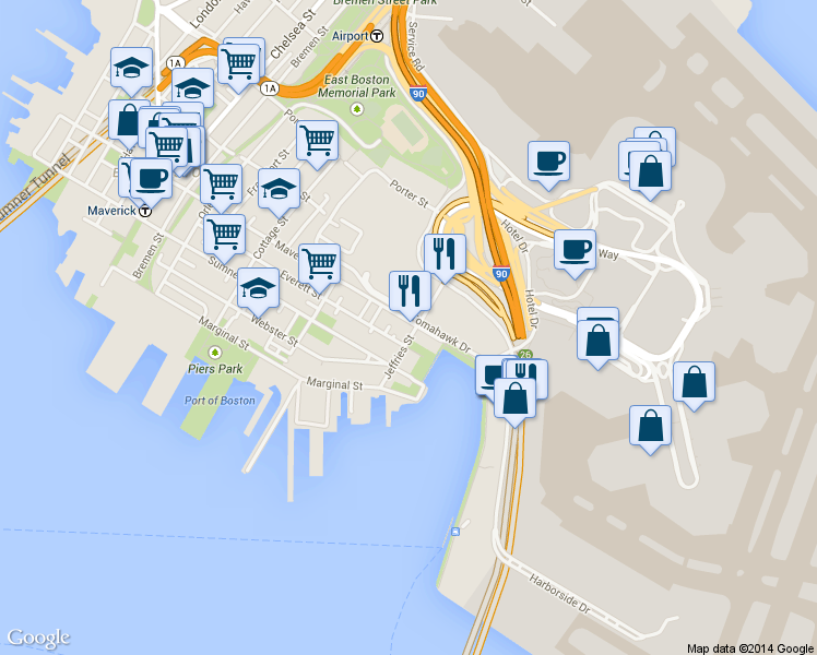 map of restaurants, bars, coffee shops, grocery stores, and more near 375 Maverick Street in Boston