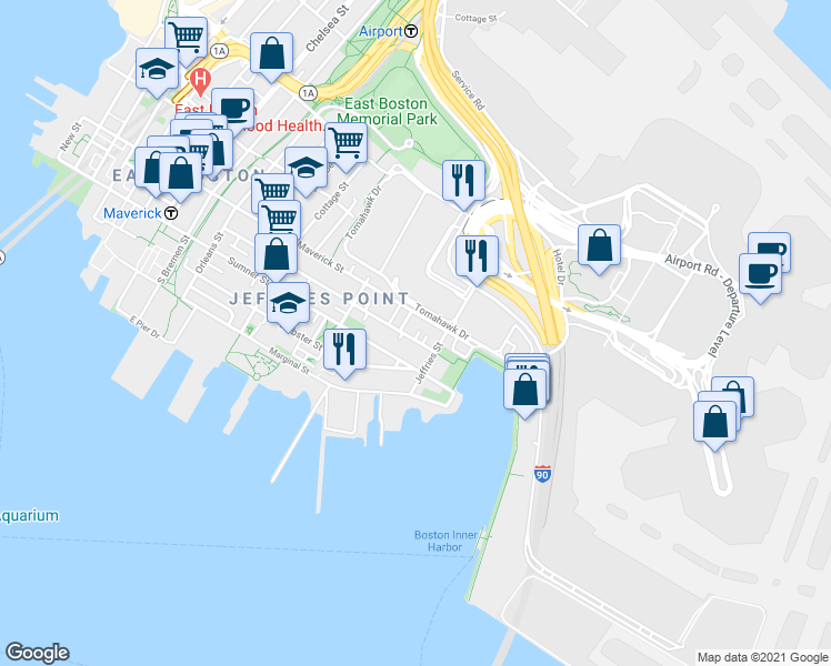 map of restaurants, bars, coffee shops, grocery stores, and more near 375 Maverick Street in Boston