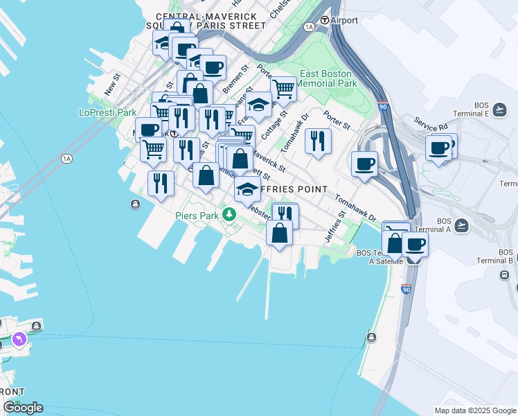 map of restaurants, bars, coffee shops, grocery stores, and more near in Boston