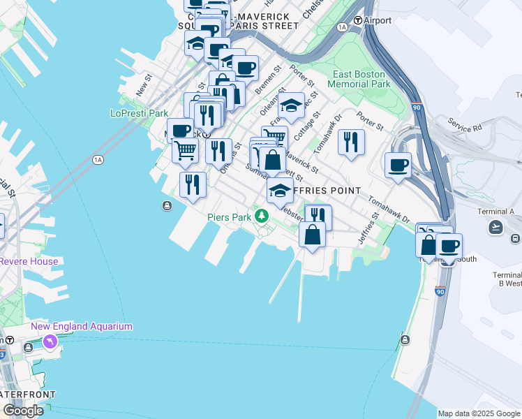 map of restaurants, bars, coffee shops, grocery stores, and more near 141 Webster Street in Boston