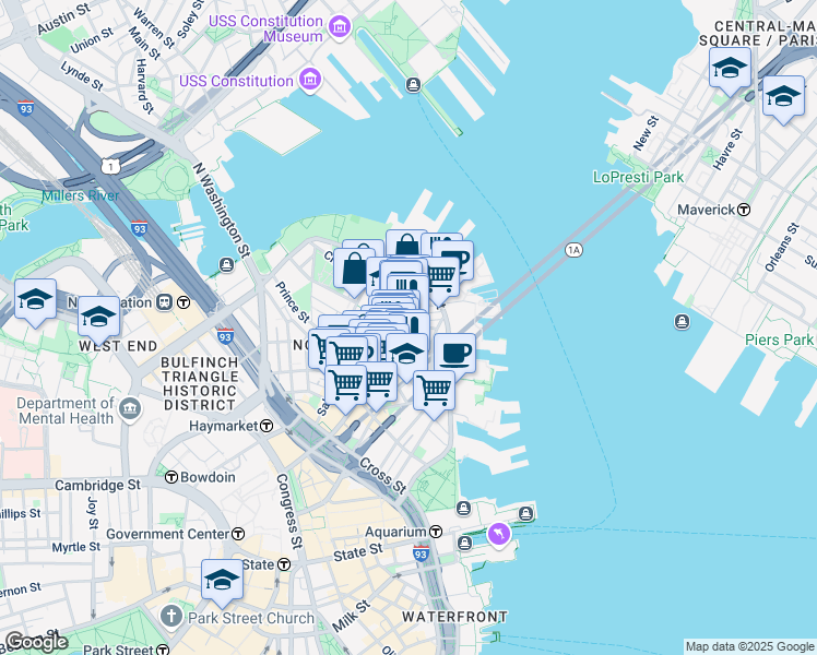 map of restaurants, bars, coffee shops, grocery stores, and more near 7 Powers Court in Boston