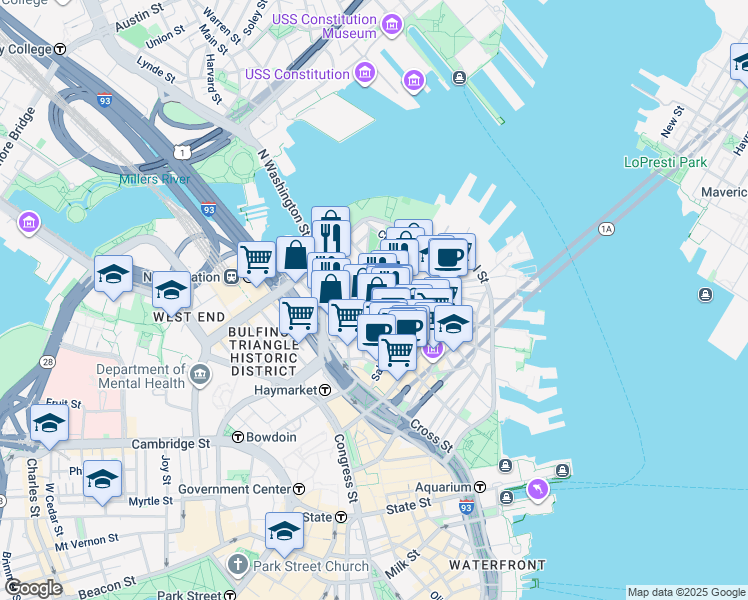 map of restaurants, bars, coffee shops, grocery stores, and more near 3 Snow Hill Street in Boston