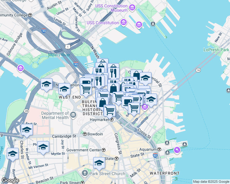 map of restaurants, bars, coffee shops, grocery stores, and more near 7 Endicott Court in Boston
